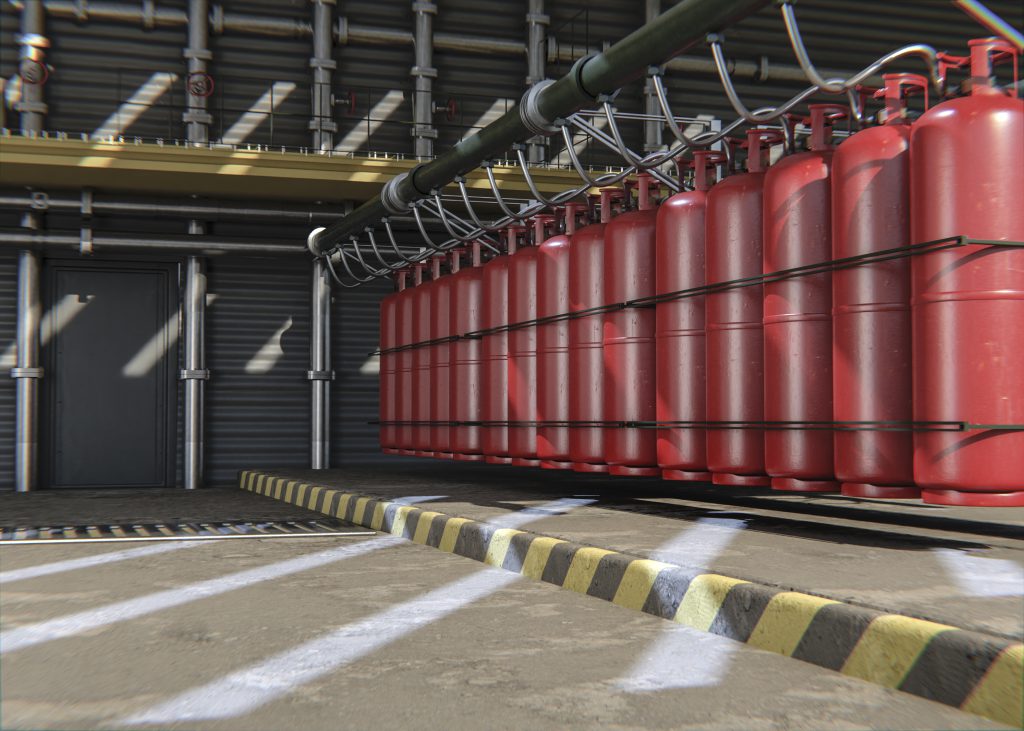 Butle gazowe stanowiące element systemu przeciwpożarowego w obiekcie przemysłowym, przeznaczone do automatycznego gaszenia pożaru.